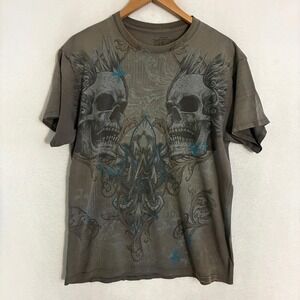 Vtg Y2K MMA Elite Shirt Mens L Grunge Skulls Cross Tattoo UFC Distressed Tee